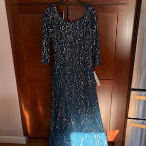 Aidan Mattox Teal and Gold Long Sleeve Dress